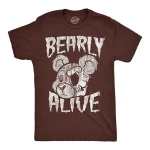 Mens Funny T Shirts Bearly Alive Sarcastic Creepy Bear Graphic Novelty Tee for Men Mens Funny T Shirts Cool Vintage Fashion T-Shirt Gift Classic Menswear Halloween Apparel for Men Funny Halloween Short Sleeve Brown -