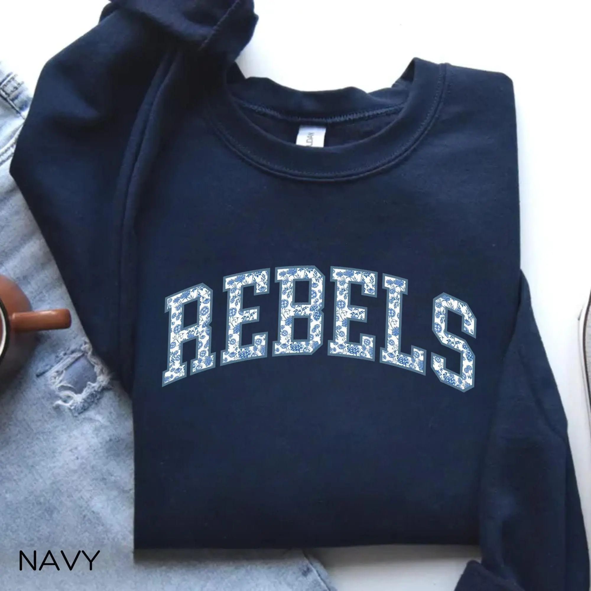 Rebels Mascot Chinoiserie Sweatshirt Game Day Rebels Fan Shirt School Spirit Mom Tee High School Mascot Pride Shirt Blue Toile Crewneck