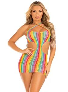 Technicolor Dream Crossover Halter Rainbow Fishnet Mini Dress Technicolor Dream Crossover Halter Rainbow Fishnet Mini Dress