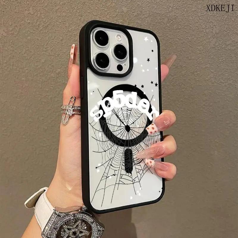 Spiderweb and Star pattern magnetic MagSafe quick-release protective case, suitable for iPhone 17/16 Pro Max, 15 Pro, 14, 13, 12 Mini, 11, XR, XS Plus, SE, shockproof and anti-slip, ultra-thin silicone transparent acrylic protective case