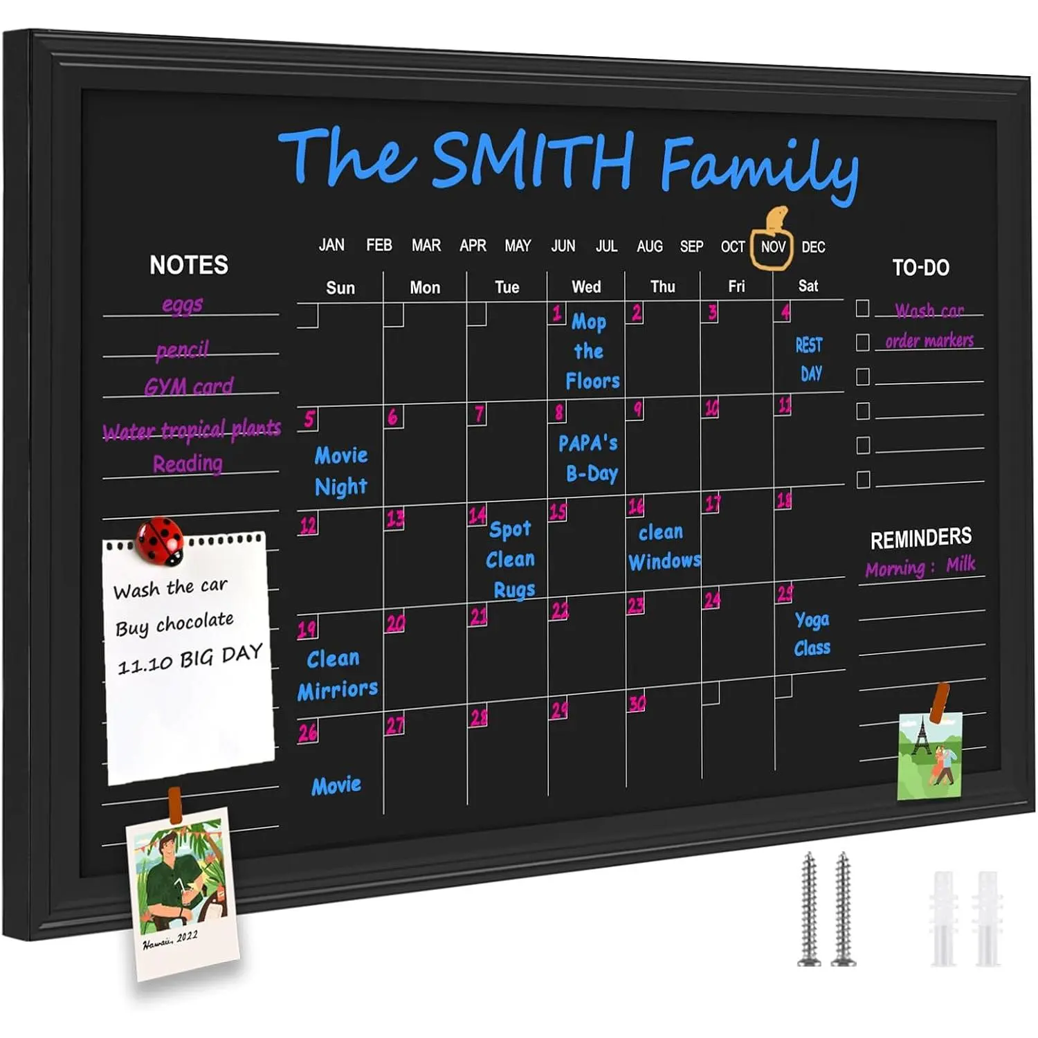 Chalkboard Calendar, 24" x 36" Calendar  Chalk Board, Monthly and Weekly Chalkboard, Family Planner(Family-HB-6090-)