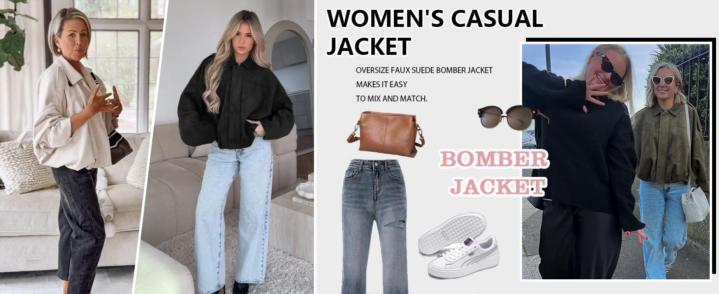 Yeokou Women's Faux Suede Bomber Jacket Oversized Pilot Coats Fall Lapel Zip Up Motorcycle Streetwear Outerwear