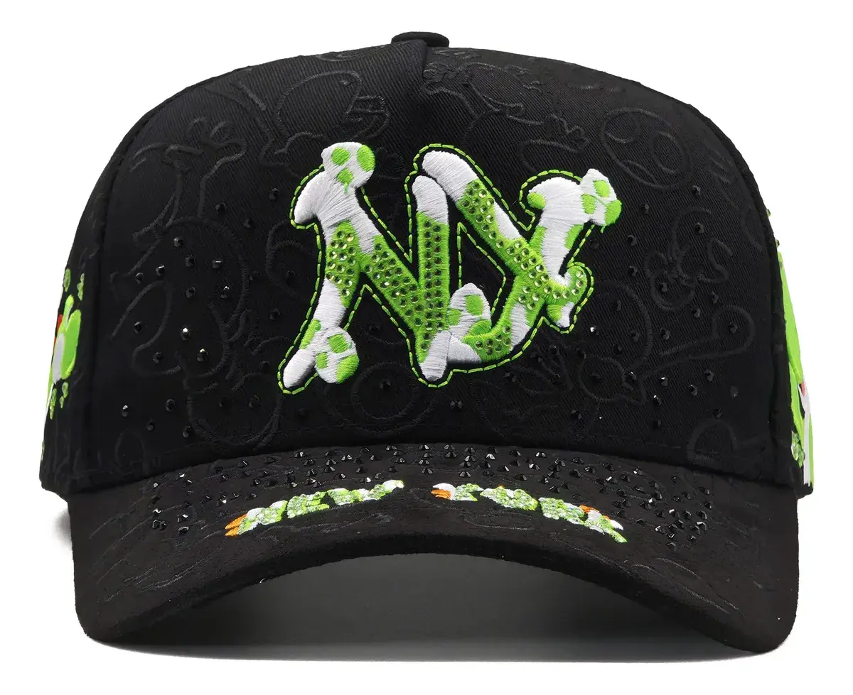 "Dmg Brand Yoshi New York" Unisex Adjustable Trucker Baseball Cap - Black, Allover Embossed Rhinestone, Premium Embroidered - Urban Street Fashion Sports & Outdoor Hat with Fast Shipping