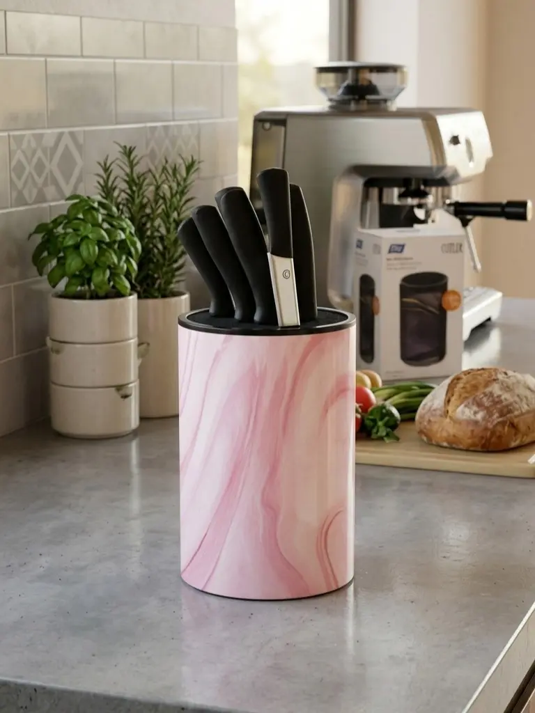 Blush Pink Universal Knife Holder – Lightweight Plastic Countertop Organizer, Space-Saving Kitchen Knives Storage Block with Easy-Wash Detachable Top