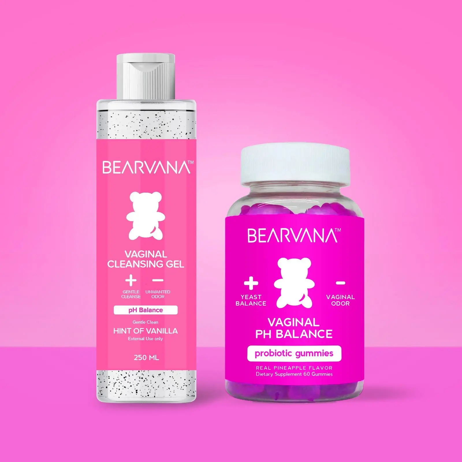 BEARVANA pH Balance Essentials Bundle | Women's Daily Probiotic Gummies + Feminine Wash | Pineapple Flavor & Hint of Vanilla | 60 Gummies + 250mL