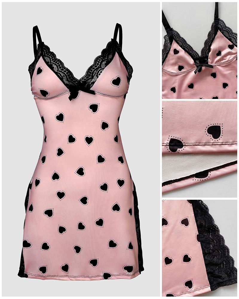 ChicMe Women's 3PCS Bowknot Decor Lace Spliced Deep V Neck Adjustable Spaghetti Straps Babydoll Sexy Side Slit Sleepdress