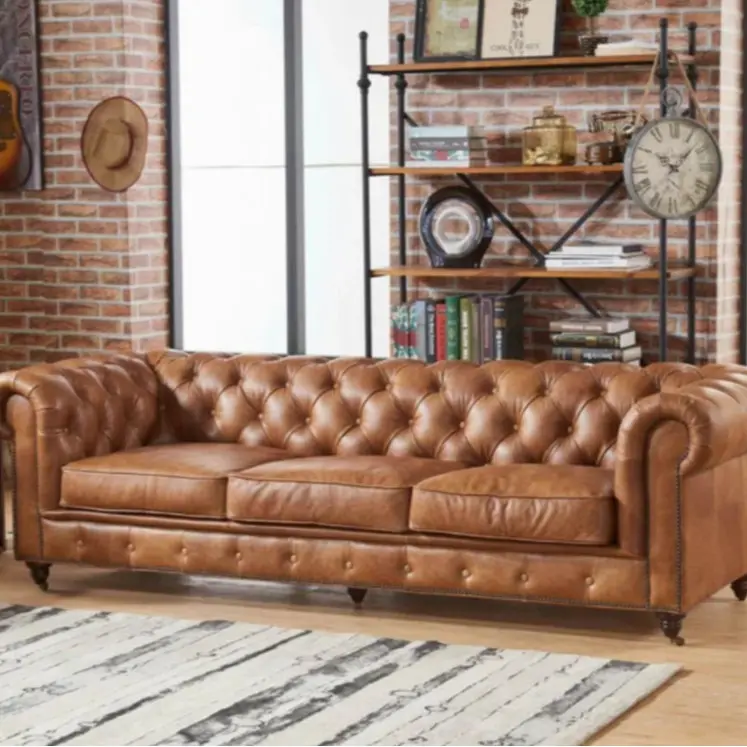 Century Chesterfield Sofa - Light Brown Leather, Brown Leather Living Room Furniture, Comfortable Living Room Decor Piece Built to Last That Adds Polish