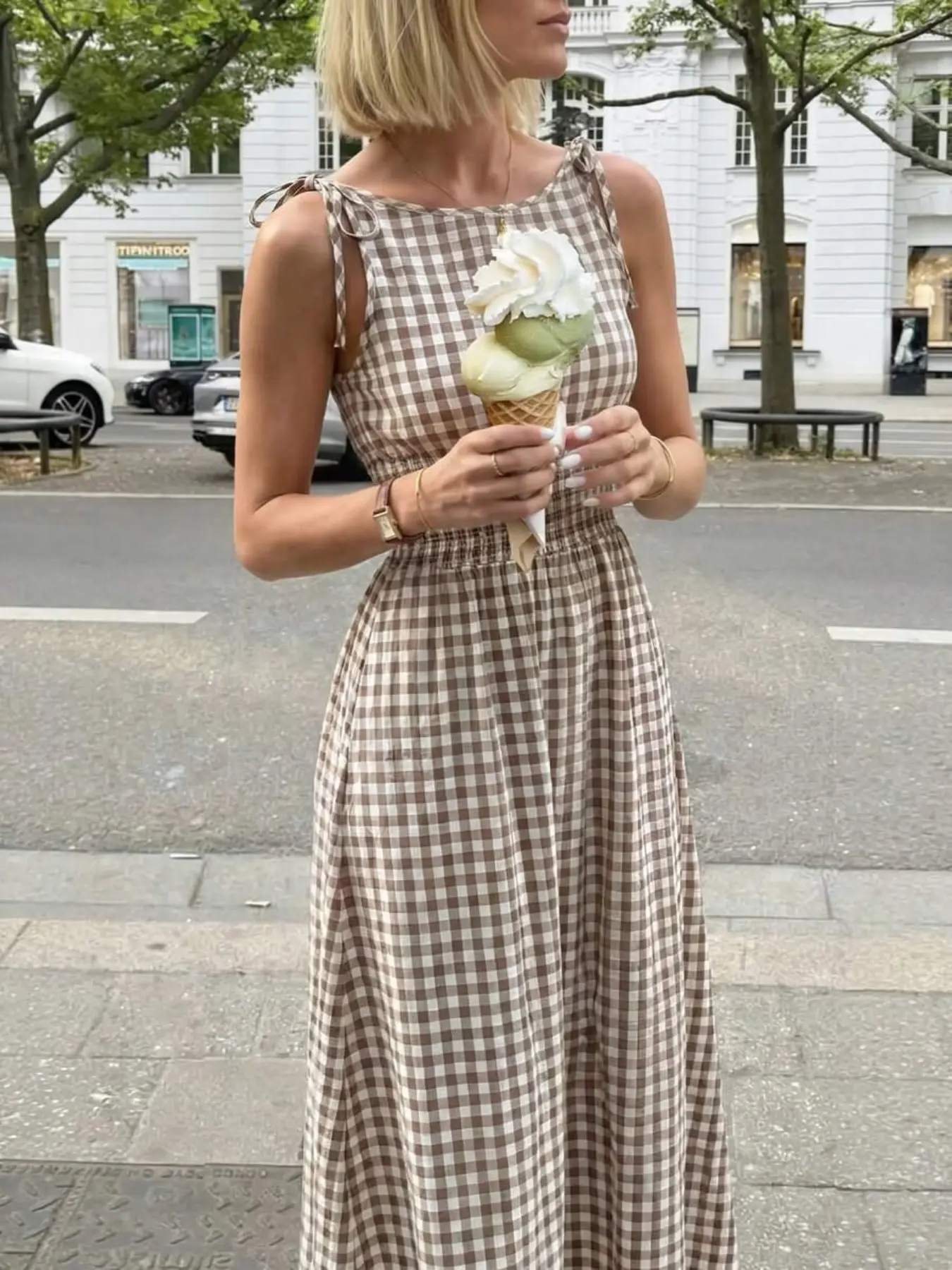 New Plaid Women's Long Sleeveless Dress, Bow Tie and Ruffled Waist, Casual Classy Elegant Office Minimalist Style, Perfect for Vacation Daily Wear, French Style Sundress, Summer