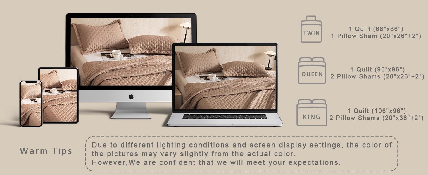 DOWNCOOL Quilted Blanket Set - 3-Piece Lightweight Soft Blanket & Pillow Shams for All-Season -Premium Microfiber