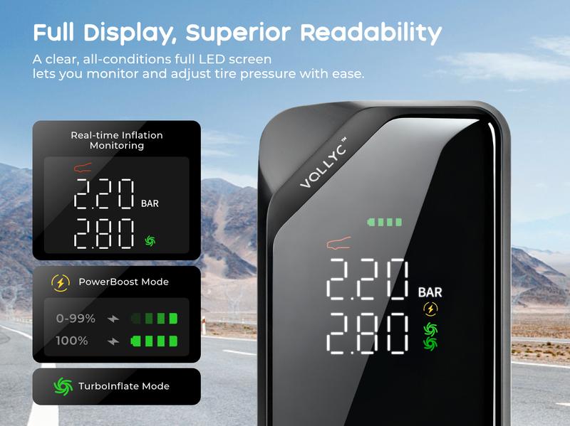 2026 Upgraded VOLLYC Cordless Tire Inflator Portable Wireless Air Compressor 150 PSI High-Pressure Air Pump with 4 Preset Modes for Cars and Inflatables,  Lightweight Automotive Vehicle Tool Car Repair Tools with Long Lasting Battery