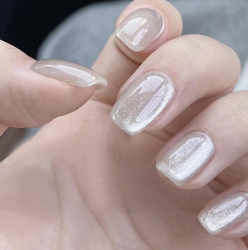 20 Pieces (2 sets) Gleaming Cat Eye Square False Tips Subtle Nude Pink Glossy Reusable Fake Stick on Nails Kit for Women