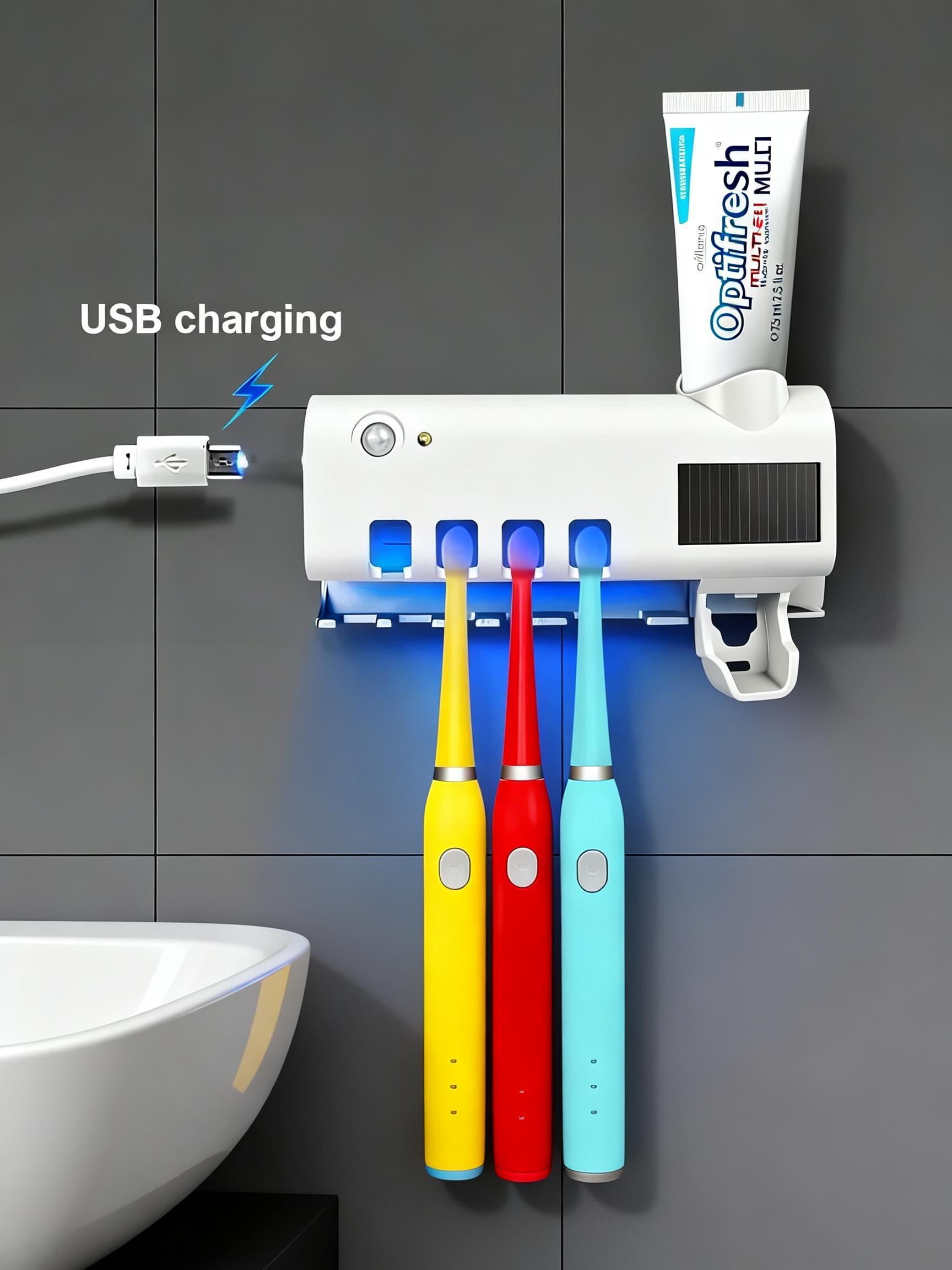 Sanitizing Toothbrush Holder Set, 4-Slot ABS Modern Button Model with Smart Motion Sense & Manual Toothpaste Dispenser - Self-Adhesive No-Drilling Wall Mounted Bathroom Storage Rack for Smooth Flat Surfaces (Compatibility & Smart Design)