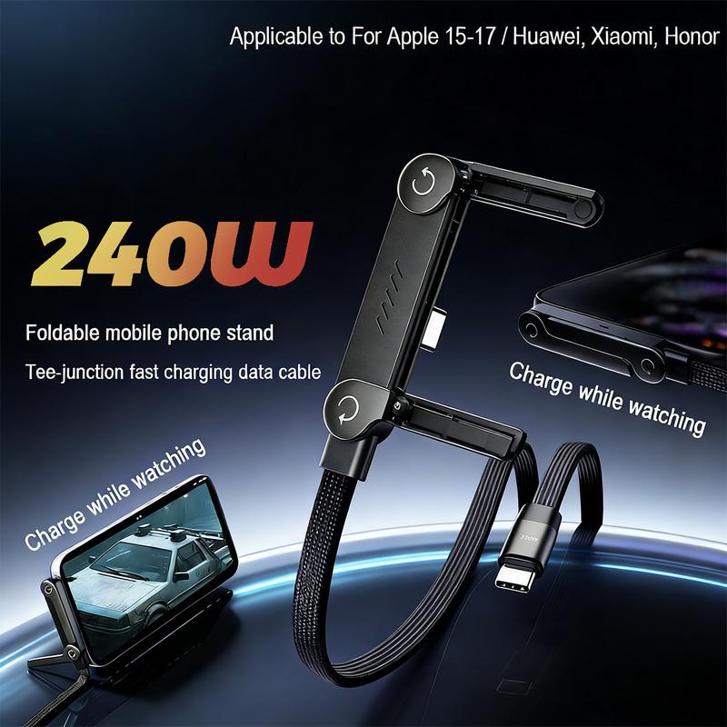 240W Fast Charging Cable Type C 5 FT, Invisible Stand Charging Cable, Flat 30 W Lightning Cable,65 W Type A Cable Right Angle，for iPhone 17 Series, Samsung Galaxy S25 S24 Ultra etc (BlacK)