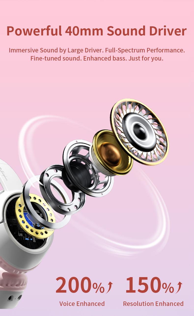 Wireless Bluetooth cat ear headphones with LED lights, foldable, over-ear design, built-in microphone, long battery life, suitable for mobile phones, tablets, iPads, and laptops. A cute gift for children, teenagers, and adults.