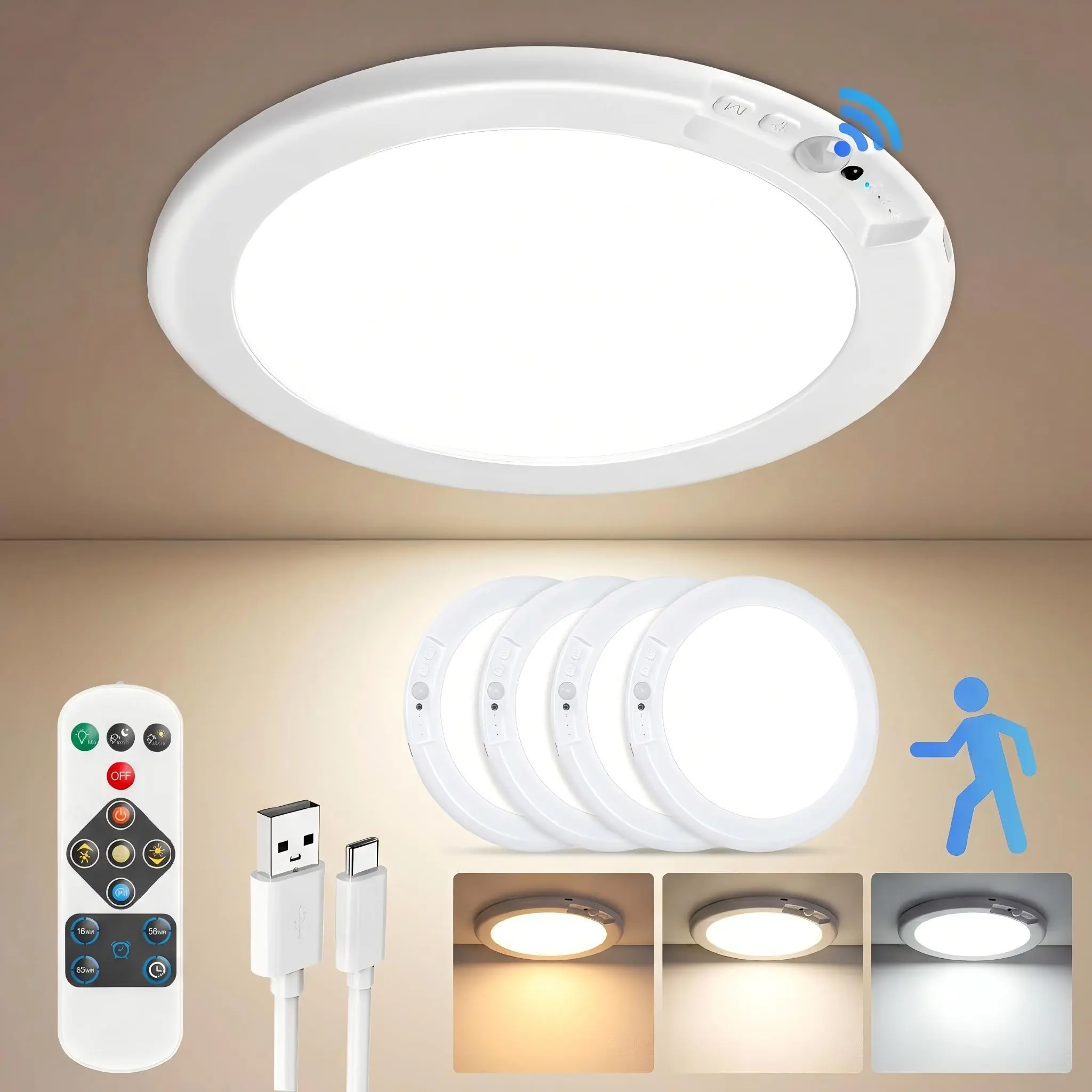 4/2-Pack Rechargeable Motion Sensor Ceiling Light with Remote - Magnetic Wireless Acrylic Ceiling Lighting, Home Improvement Battery-Powered Light with Fast Charging Batteries for Closet, Stairs, Dimmable