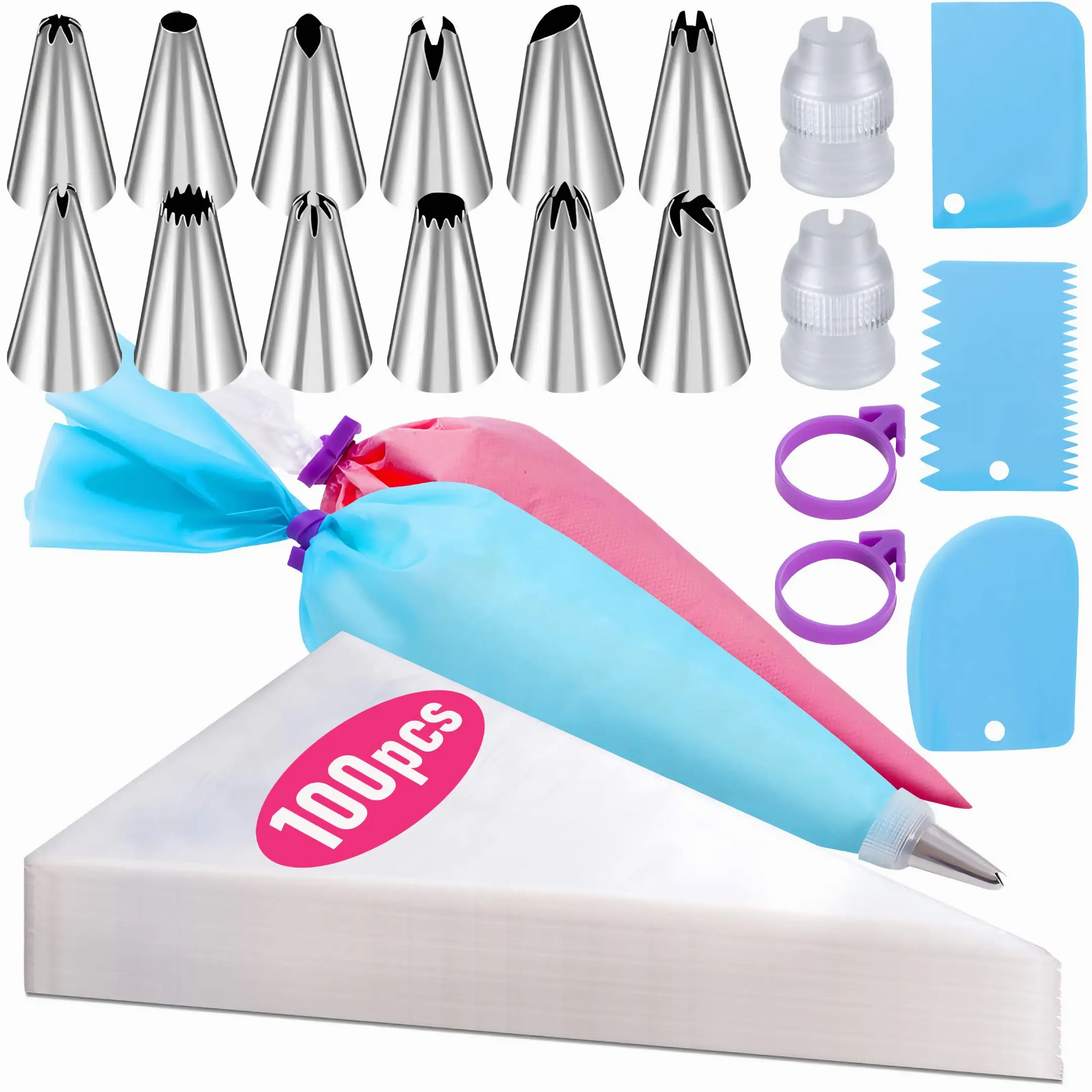 [New Deal] 100 Pcs Piping Bags, Tips Set, Pastry & Icing Bags, 1 Reusable Piping Bag, 1 Couplers, 12 Frosting Tips,, 3 Cake Scraper Bakeware, Pastry Decorating Tools, Complete Kit