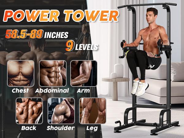 Relife Sports Power Tower Dip Station for Home Fitness Adjustable Height, Easy Install, Non-Slip Suction Cups, Full-Body pullup Exercise Equipment Up to 450lbs H-Shaped for Strength Training