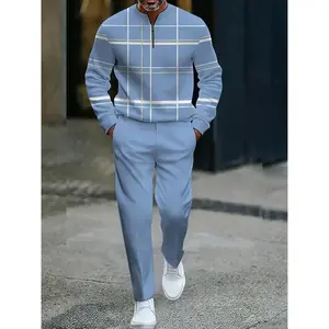 Men's two-piece fashionable casual suit with yellow long sleeved sweatshirt and white geometric print, suitable for daily wear. Fashionable men's stand up collar zipper top and pants set. outfit coordination