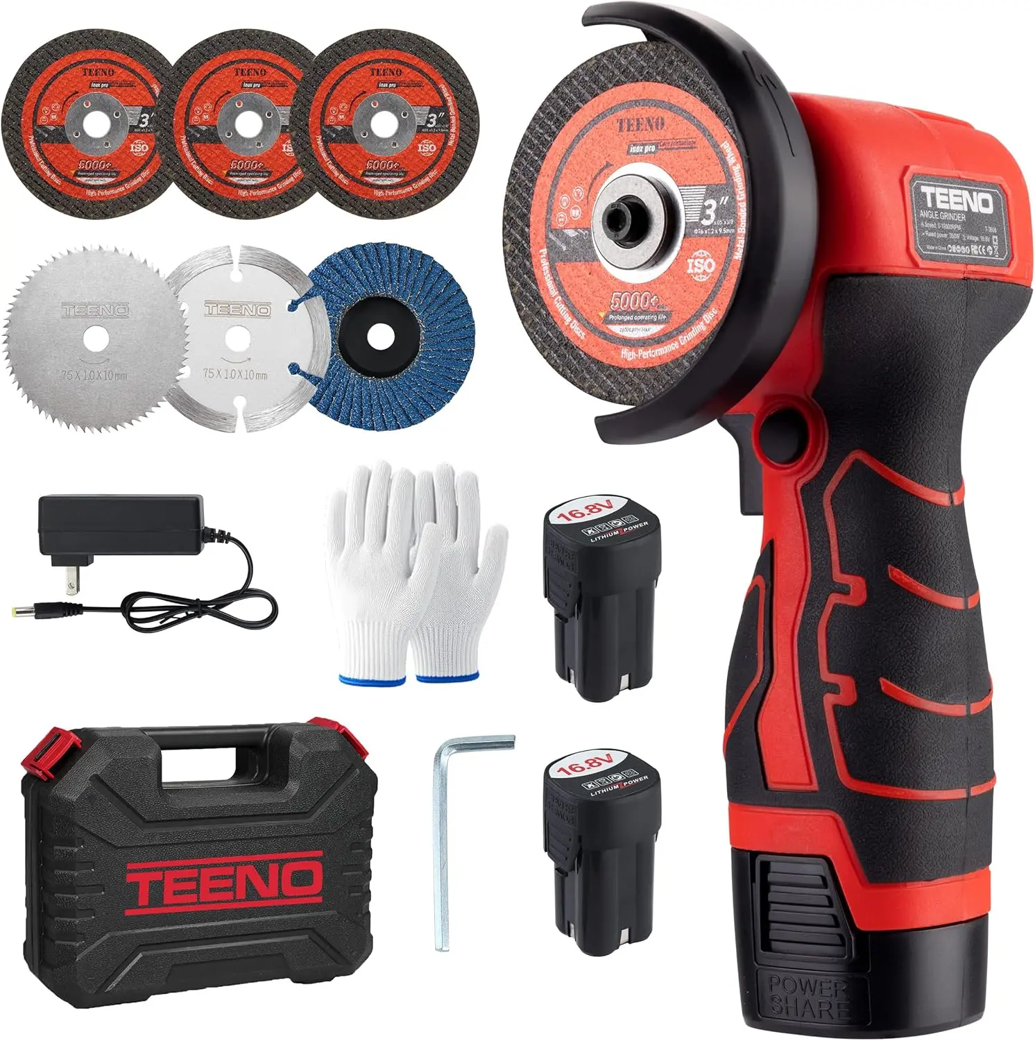 Cordless Angle Grinder Kit, 3 Inch Brush Mini Electric Angle Grinding Tool 19500rpm with 2pcs 2000mAh 16.8V Batteries and 6-Cutting Discs, Grinder Handheld Cutter for Metal Wood
