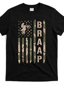 Braap Dirt Bike Motocross Supercross Graphic T-Shirt - Patriotic Camo American Flag Design, 220GSM Heavyweight Cotton, Unisex Casual Tee for Men & Women, All-Season Comfort, Machine Washable, Motocross Gear, Offroad Clothing, Comfortable Round Neck