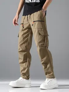 Men’s fashion cargo pants with zipper design, regular fit, multifunctional pockets, street style—great as a gift for husband or boyfriend, Plain, Straight Pants