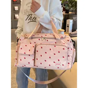 Stylish Commuter Strawberry Travel Bag, Travel Duffle Bag, Large Capacity Corduroy Luggage for Women, Lightweight Handheld Tote with Wet Dry Separation
