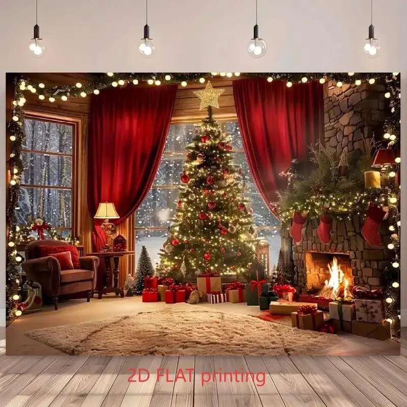 Printed Lightweight Cozy Christmas Living Room Backdrop Banner - Geometric, Letter-Printed Festive Decor with Tree, Fireplace, Gifts for Winter Holiday, Birthday; Ample Coverage for Party Photos, Wall Accents, Letters