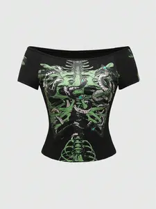 Dark Gothic Skeleton Snake Print Fitted Tee With Boat Neckline For Women, Mysterious Style