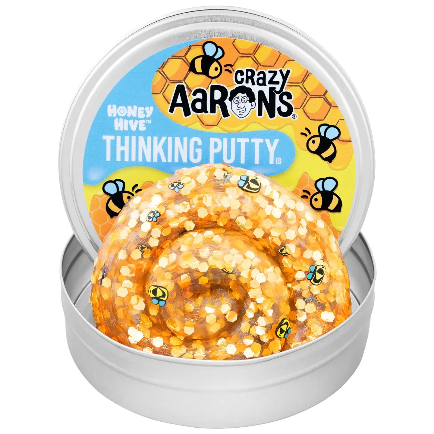 Crazy Aaron's Honey Hive Thinking Putty - Amber Color with Honey-Gold Hexagons and Bumble Bee Charms