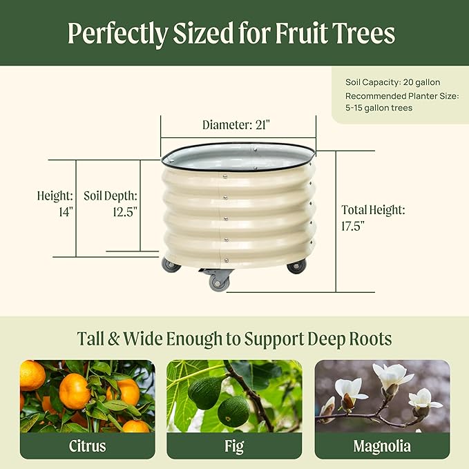Vego Garden 20 Gallon Rolling Planter Metal Citrus Tree Planter with Wheels for Patio Porch & Backyard Classic Design for Dwarf Trees