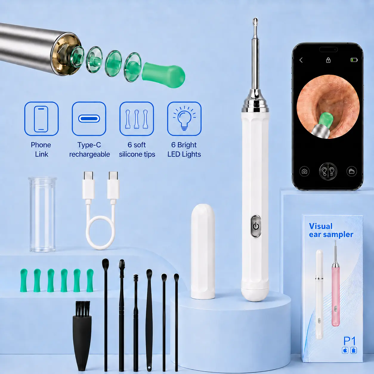 Earwax Removal Cleaner with Camera and Light, App-View  Wax Removal Tool with Hotspot Connection, 5MP Lens, 6 LED Lights and Type-C Rechargeable Design, ear hygiene, removal camer, kit, Ear Wax Remover, cotone tes, clips, candle， Ear Otoscope Kit sohochic
