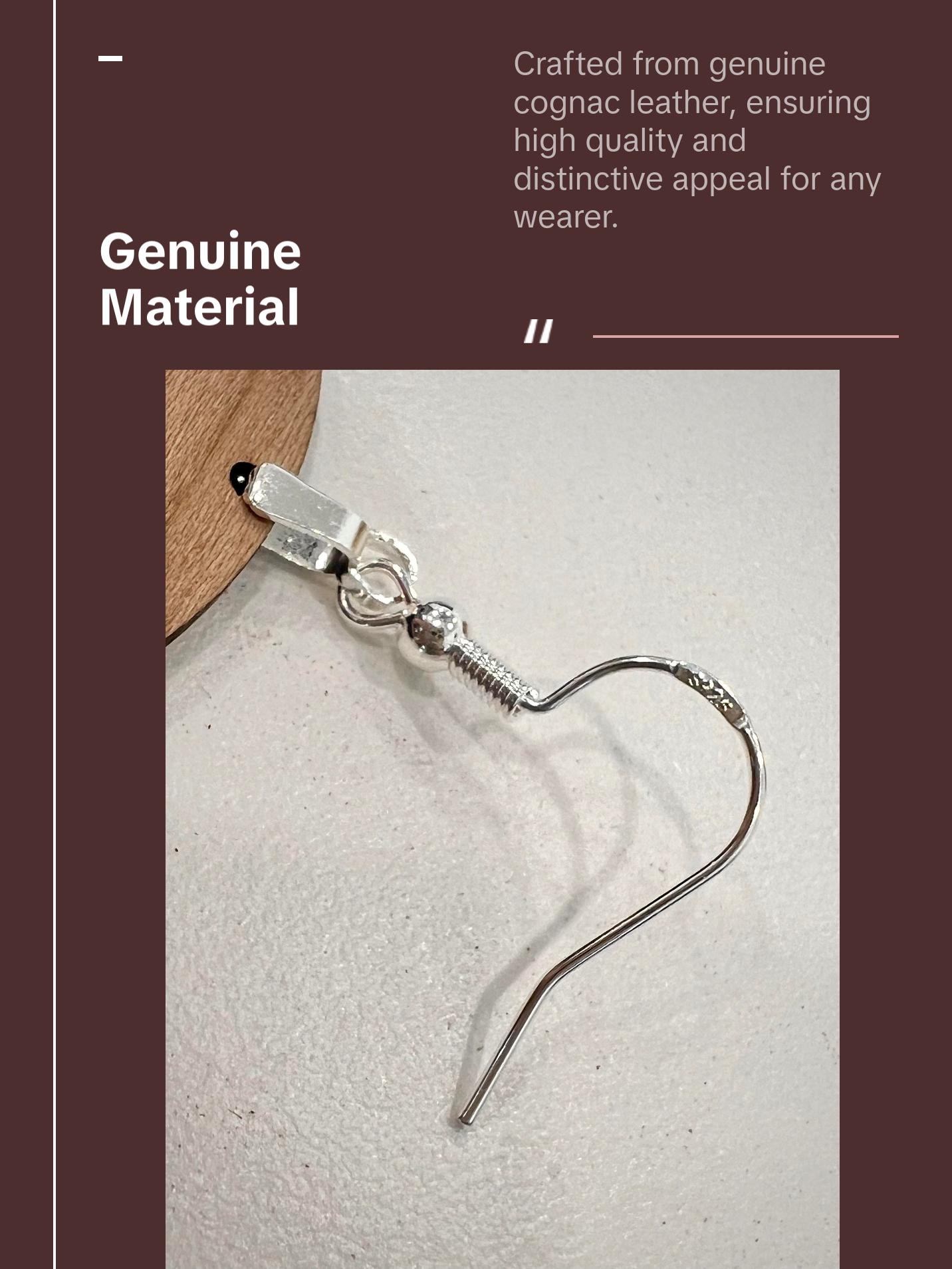 Genuine Cognac Leather and Cherry Earrings Silver S925 clamp style hooks