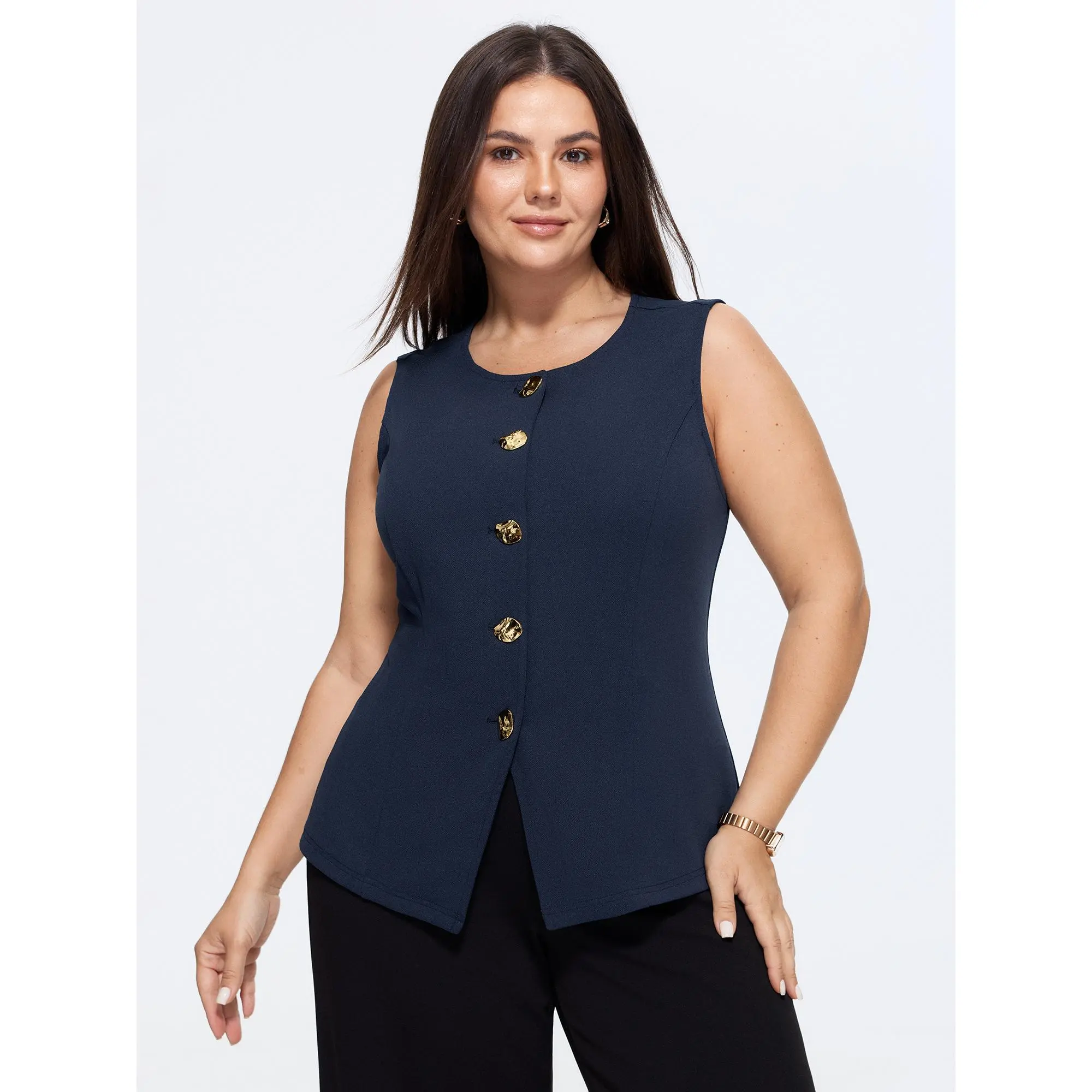 BloomChic Plus Size Fitted Blazer Vest, Solid Sleeveless Button-Front Top for Casual Wear, Polyester Spandex Blend, Tops, Fabric, Low Iron, Women, Elastane