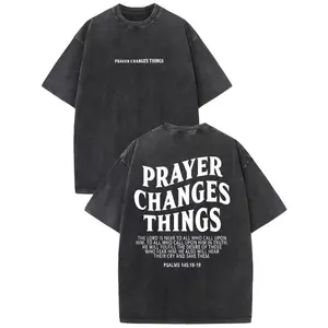 Prayer Changes Things Vintage Washed High Quality Cotton Patterned T-Shirt Men's T-Shirt Old Summer Clothing Drop Shoulder Sleeve Round Neck Tops Short Sleeve