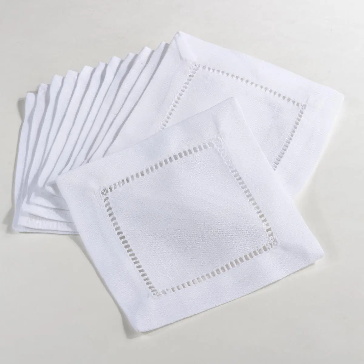 SARO 6300.W6S 6 in. Square Classic Hemstitch Border Cocktail Napkin White - Set of 12