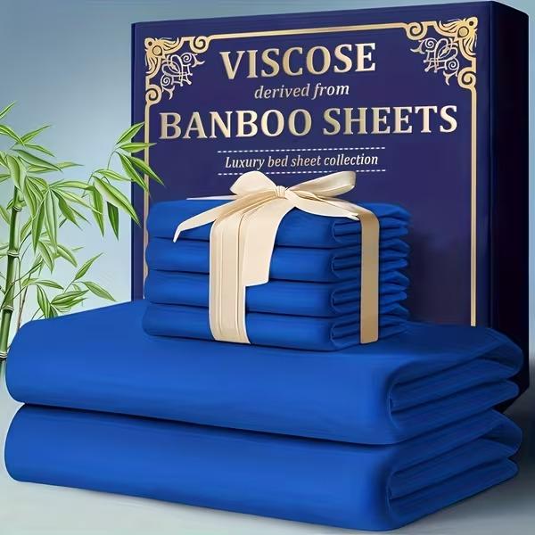 4pcs Bamboo Bed Sheet Set - Ultra Soft & Breathable Cooling Sheets, Deep Pocket Fitted Sheet (13.78-15.35inch), Shrink-Resistant & Wrinkle-Free, All-Season Luxury Bedding with Flat Sheet & Pillowcases - Elegant Modern Bedroom Decor in Deep Purple - Ideal