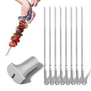 SOLEADER Stainless Steel Skewers for Grilling - 17 Inch Metal Kabob Skewers with Pusher Handle, Dishwasher Safe, for Chicken Beef Shrimp Veggie BBQ & Camping 9-Pack