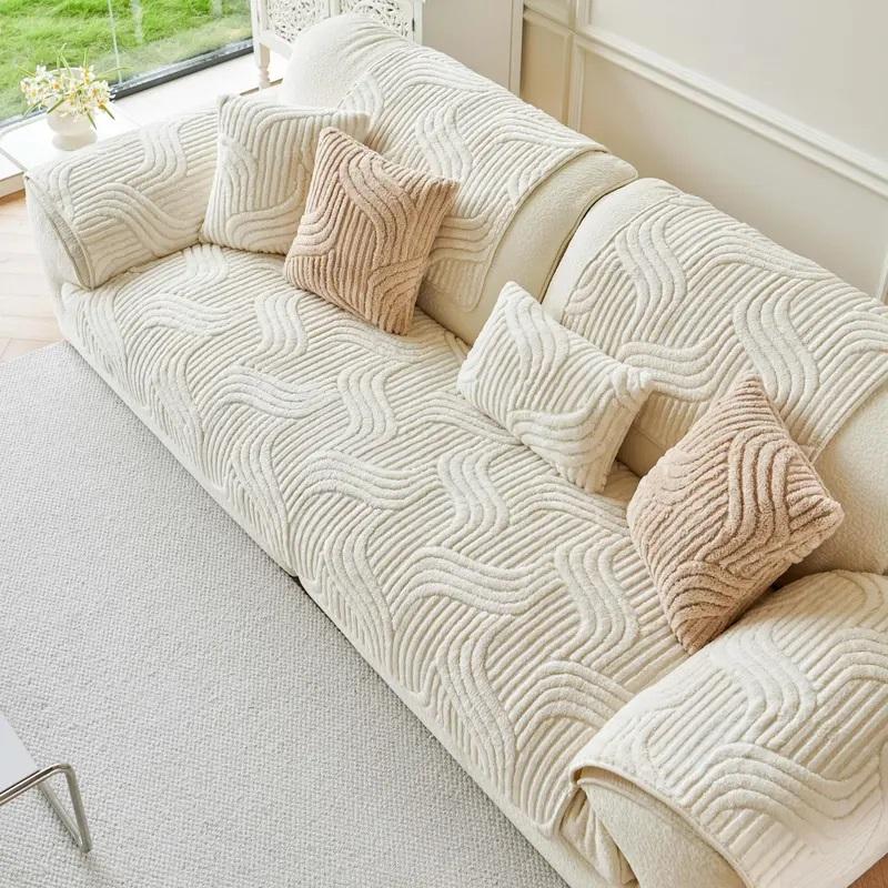 [Gift Choice] 1 Count Sofa Cover for 1-4 Seater NO BACK OR ARMREST Solid Color Jacquard Sofa Protector, Anti-slip Couch Bench Cover, Machine Washable Slipcover, Pet-friendly sofa Towel Mat for Home, Living Room, Dormitory, Hotel, Beige, Gray
