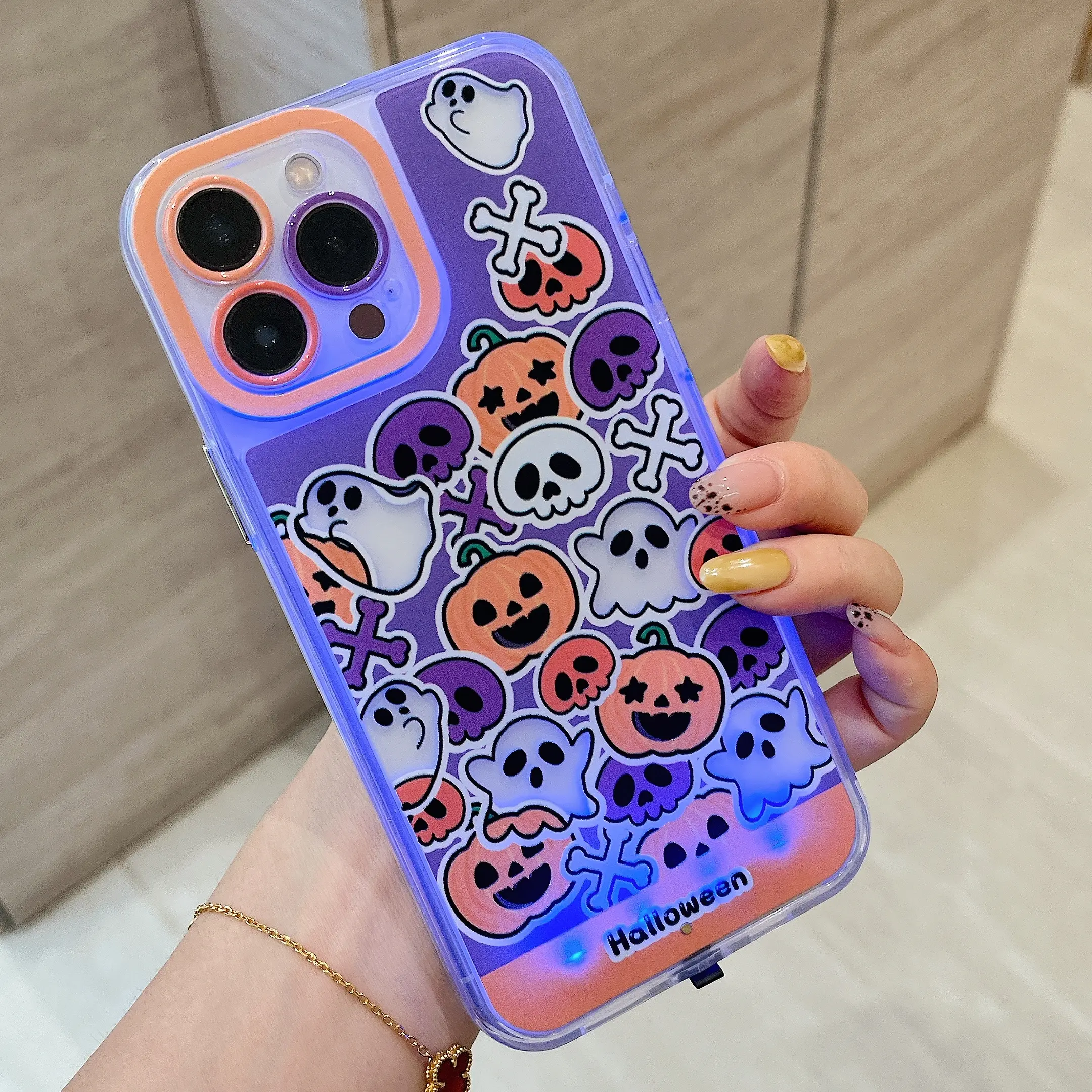 Cute Halloween LED Flash Phone Case for iPhone 13–17 Pro Max & Samsung Galaxy S26–S24 Series, Spooky Pumpkin Ghost Skeleton Sticker Print Light Up When Incoming Calls, Transparent Shockproof Bumper Protective Case