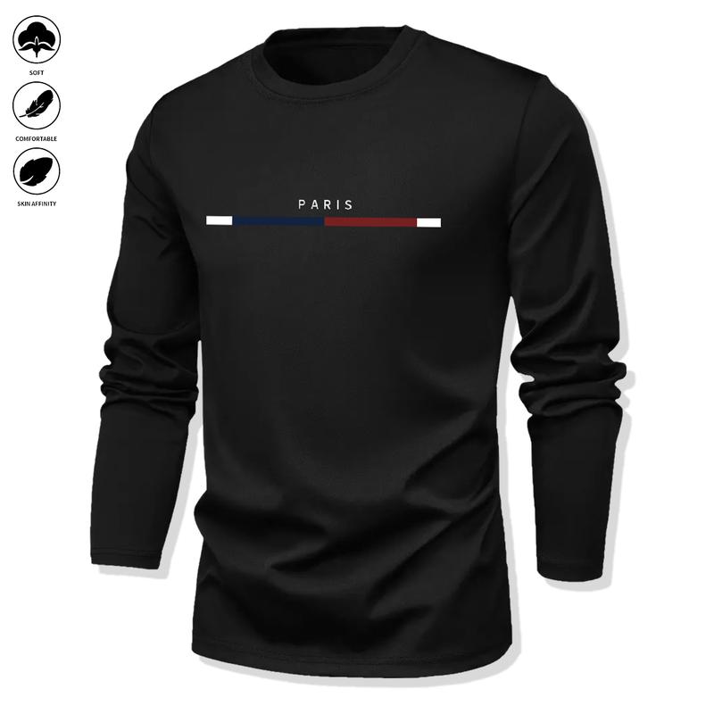 Pack of 4 - Men's Long Sleeve T-Shirt - Casual Crew Neck Breathable Tee, Suitable for Spring and Autumn Wear, Featuring Letter Pattern Design, Well-Fitting Cut, Ideal for Everyday Wear, Men's Long Sleeve Top