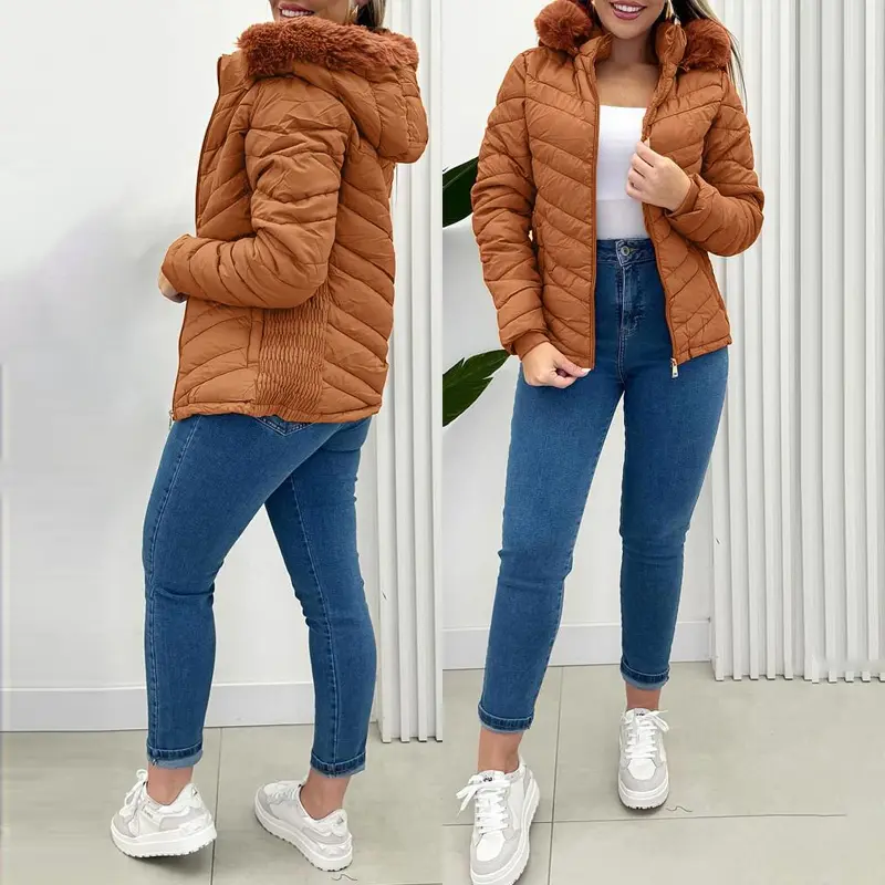 CHICME Women's Zip Up Pocket Design Shirred Waist Warm Jacket Fuzzy Trim Fleece Lined Hooded Puffer Coat Windproof Jackets