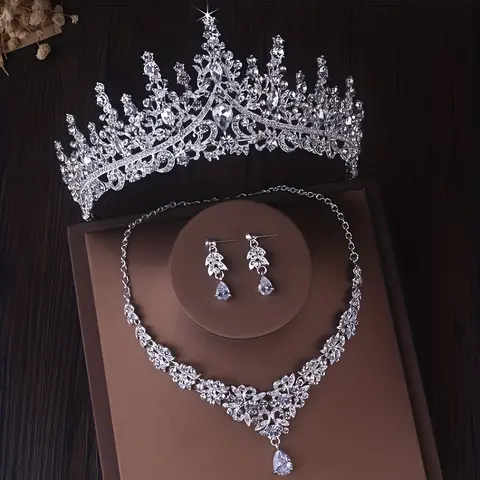 Luxury Queen Crown Tiara Jewelry Set for Women – Crystal Rhinestone Tiara with Necklace & Earrings, Bridal Wedding Crown Set for Birthday, Quinceañera, Prom, Halloween Cosplay Party Accessories