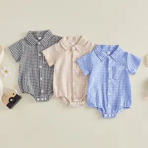 Newborn Infant Baby Boy Summer Clothes Gingham Button Down Shirt Bubble Romper Short Sleeve Plaid Collared Bodysuit