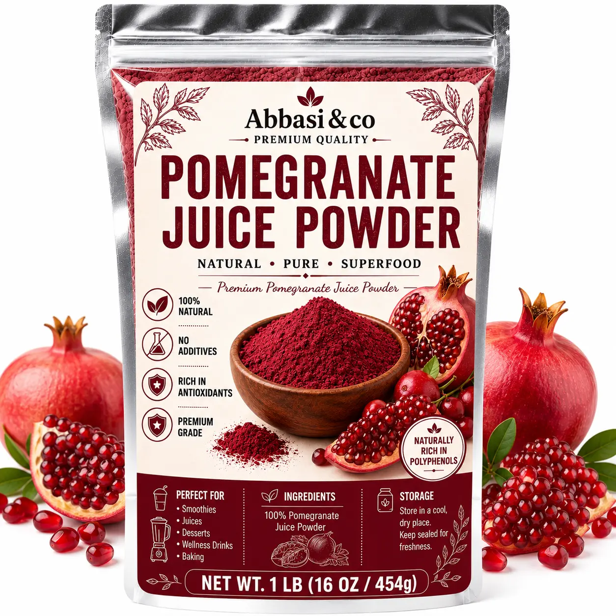 Freeze-Dried Pure Pomegranate Juice Powder, 100% Natural, Premium Antioxidant-Rich Hydration Powder, No Additives, Ideal for Smoothies, Juices