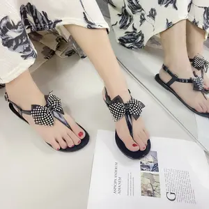 Summer Womens Flat Sandals with Rhinestone Bow Decor Outdoor White PVC Beach Shoes Multi Color Crystal Fashion Non-Slip Soft Sole Fruit Jelly Texture
