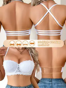 Ecomilky White Sexy Lace Strapless Women’s Bra with Steel Ring – Comfortable Lift & Push-Up Support, Cross-Back Design, Versatile for Daily Wear and Various Occasions bandeau nonslip Wireless Padded Bra Style
