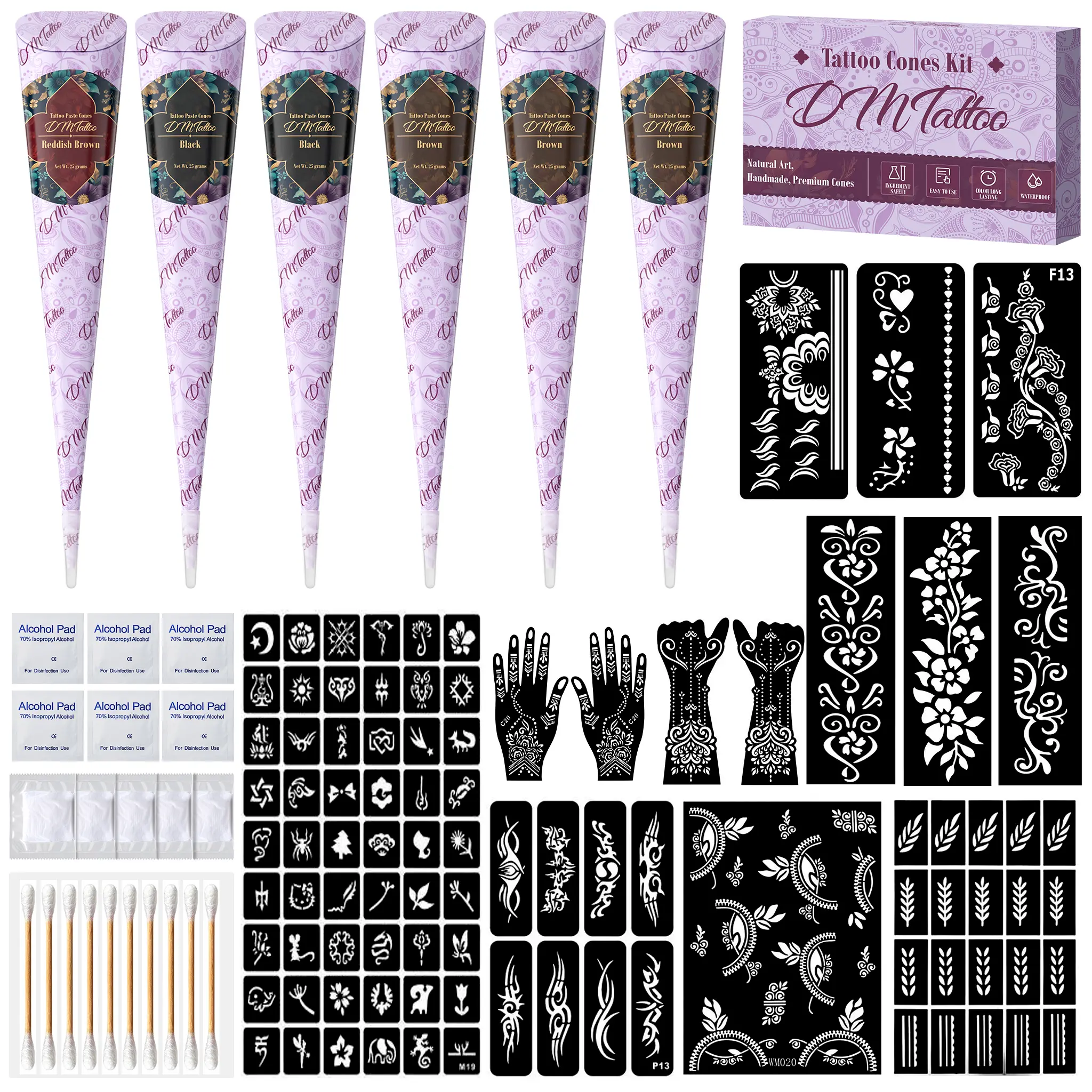 DM Temporary Tattoo Kit - 6 Cones, 133 Stencils, Semi Permanent Markers for DIY Tattoos, Body Makeup Art, Party Gifts for Adults & Kids, Tattoo Outlines