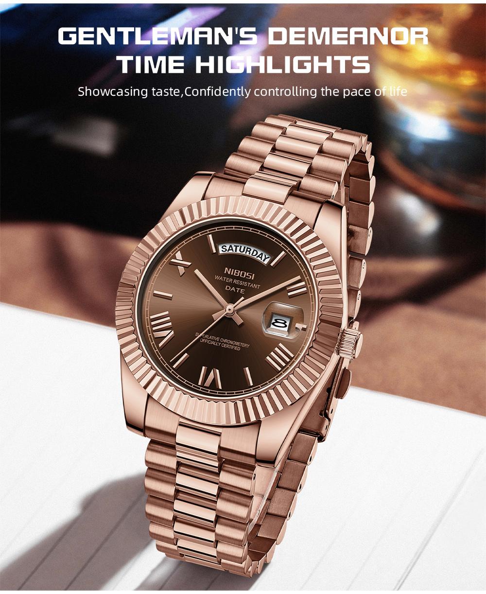 NIBOSI Men's Luxury Dress Watch 40mm rose gold Dial  Stainless Steel Band Rotating Quartz Analog Waterproof Luminous Big Face Boss Wrist Watch