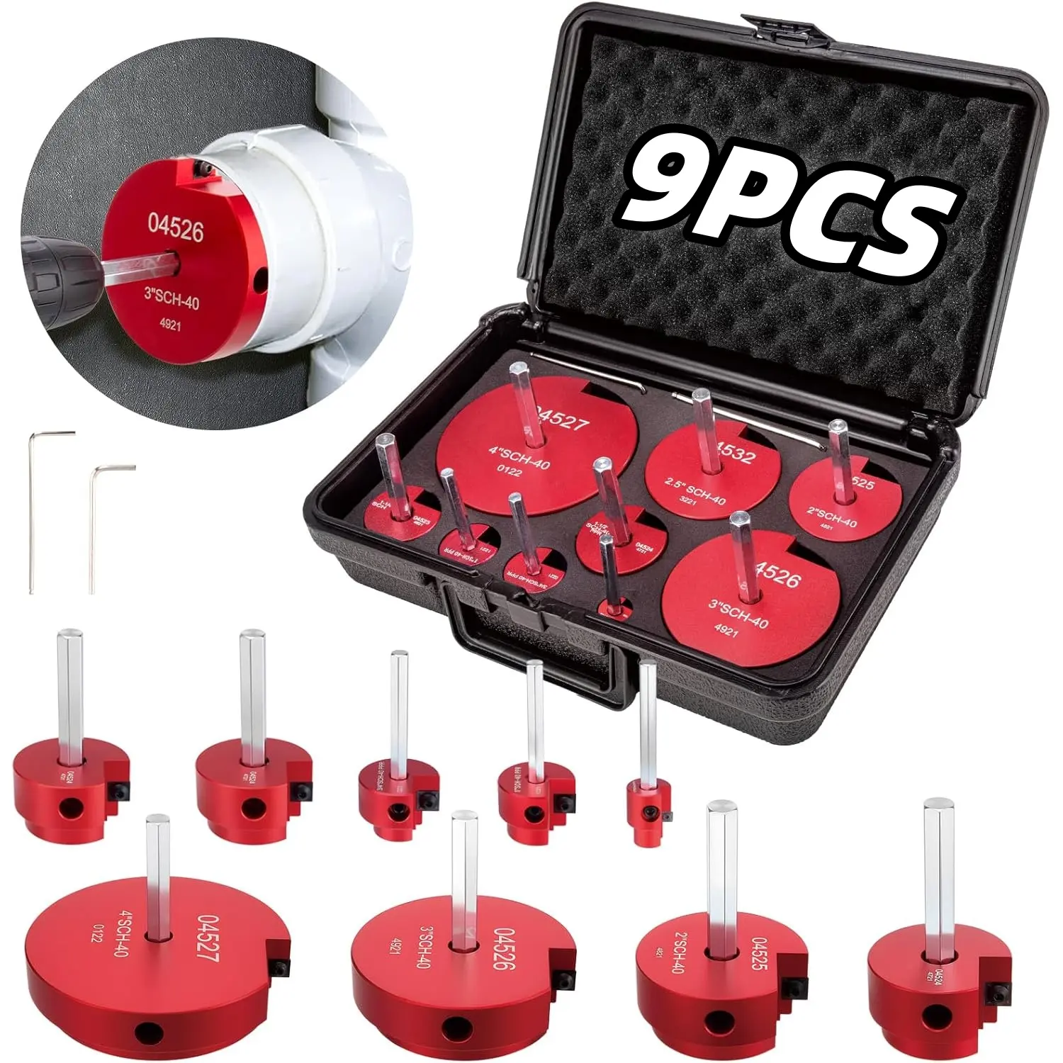 8/9Pcs Pipe Reamer Tool Kit PVC Fitting Saver Includes 1/2", 3/4", 1", 1-1/4", 1-1/2", 2", 2-1/2", 3", 4" Reamers, Aluminum Reed Socket Saver Kit for PVC, CPVC and ABS Plumbing, Fits Standard 1/2" Drill