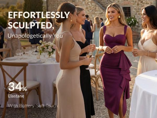 Curvysweet SDK0542A Elegant Spaghetti Strap Bodycon Midi Dress with Ruffled Split Hem & Molded Cups — Perfect for Cocktail Parties, Wedding Guests, Birthdays & Date Nights